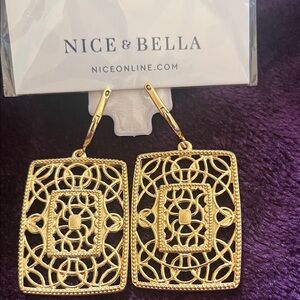Gold Filigree Rectangular Drop Earrings